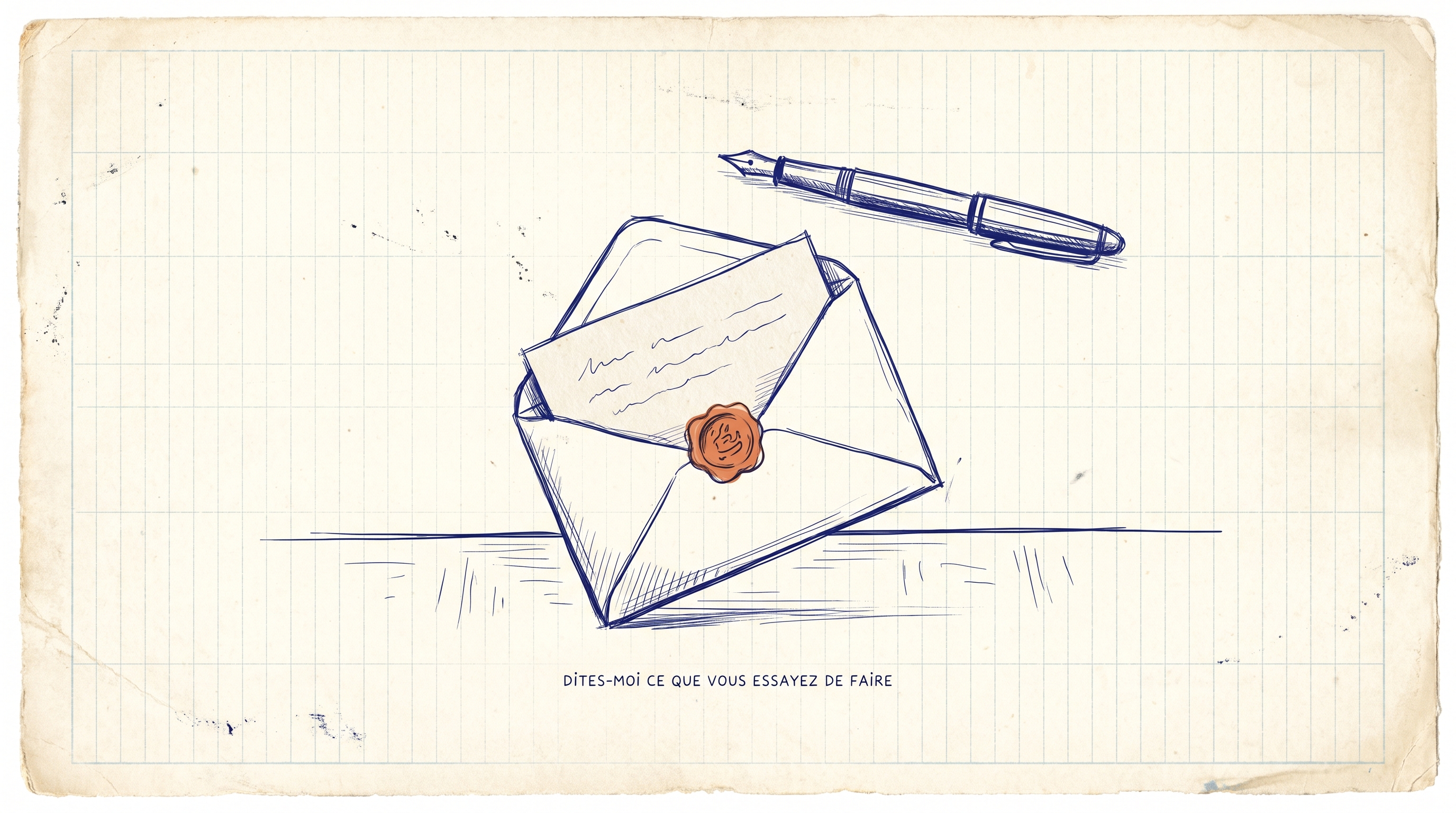 Illustration éditoriale – une enveloppe seule, partiellement ouverte, posée sur un bureau avec une plume au-dessus. Légende : DITES-MOI CE QUE VOUS ESSAYEZ DE FAIRE.