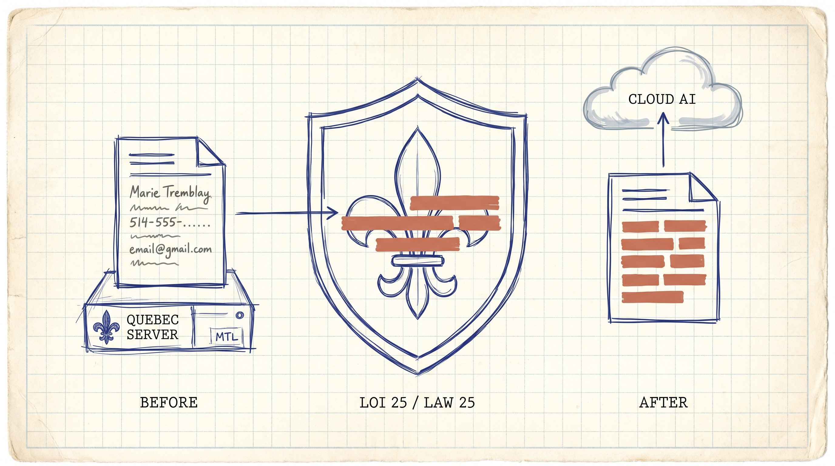 Editorial illustration — a document with personal details on the left sits on a Quebec server in Montreal. An arrow leads into a fleur-de-lys shield labeled LOI 25 / LAW 25 where the details are replaced by orange redaction bars. On the right, the cleaned document rises into a cloud labeled CLOUD AI.