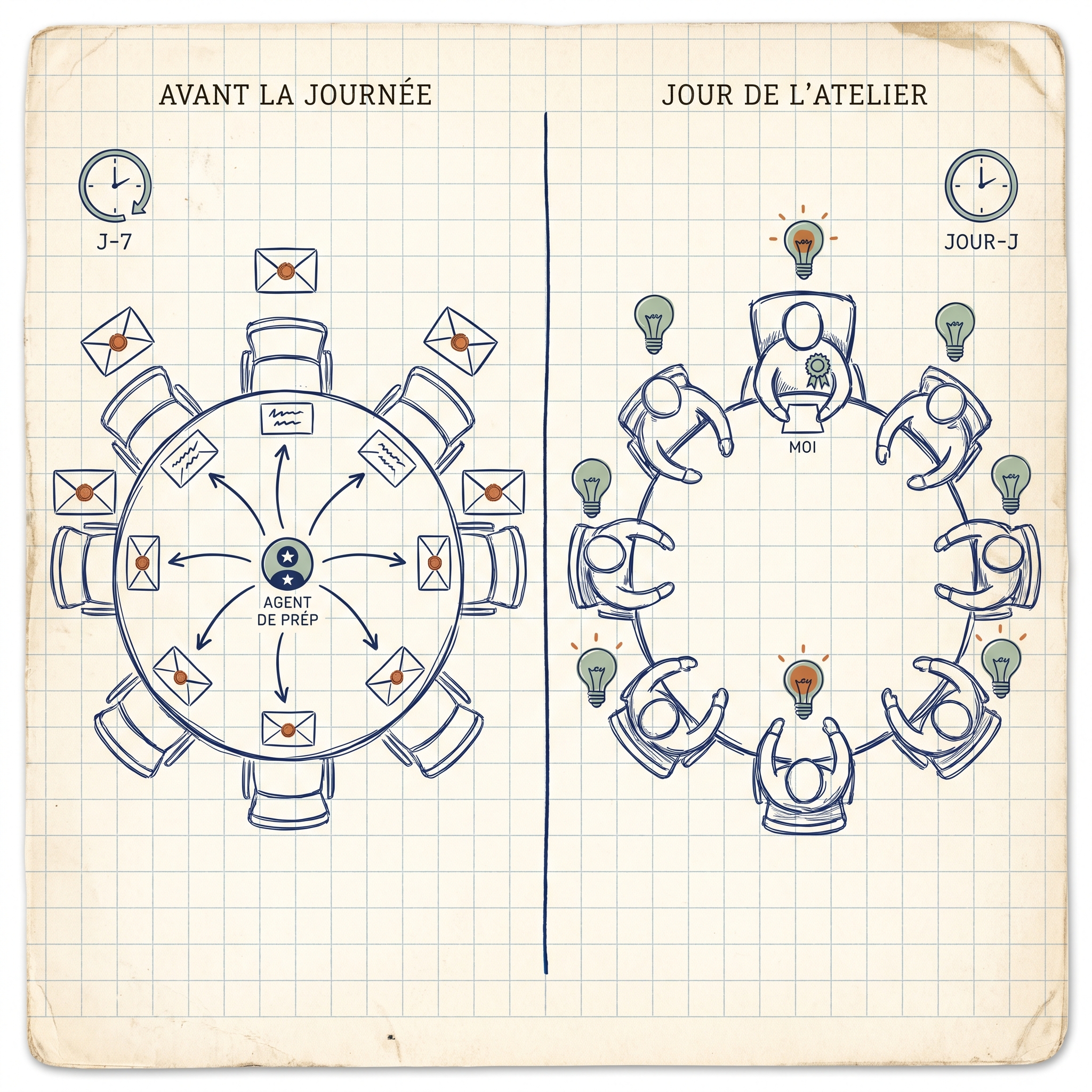 Illustration éditoriale – une table d'atelier ronde vue d'en haut, en deux scènes. AVANT LA JOURNÉE : un Agent de prép au centre envoie des enveloppes vers chaque chaise vide. JOUR DE L'ATELIER : la même table avec chaque chaise occupée et de petites ampoules allumées au-dessus.