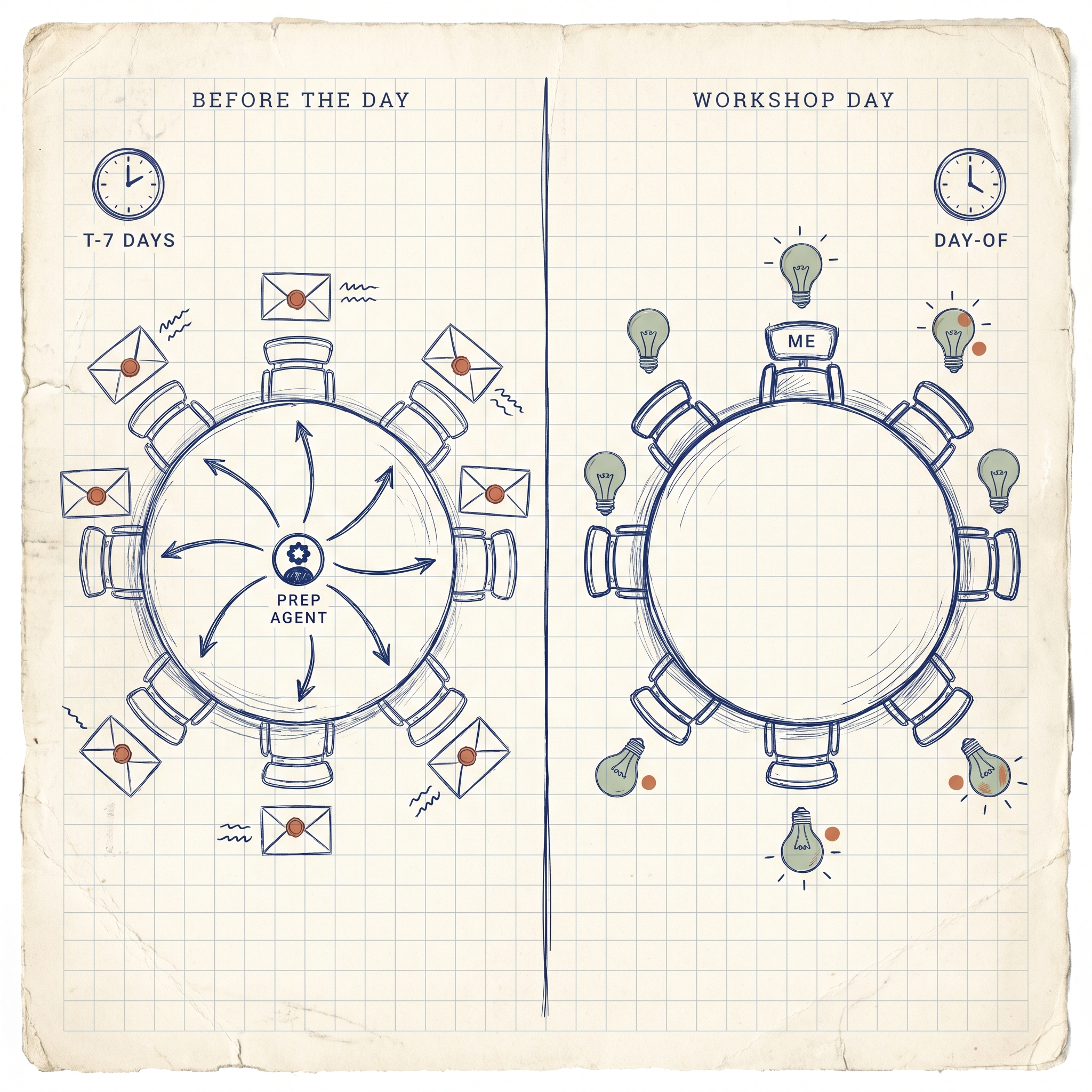 Editorial illustration — a round workshop table viewed from above, in two scenes. BEFORE THE DAY: a Prep Agent in the center sends envelopes to each empty chair. WORKSHOP DAY: the same table with each chair occupied and small lightbulbs lit above them.