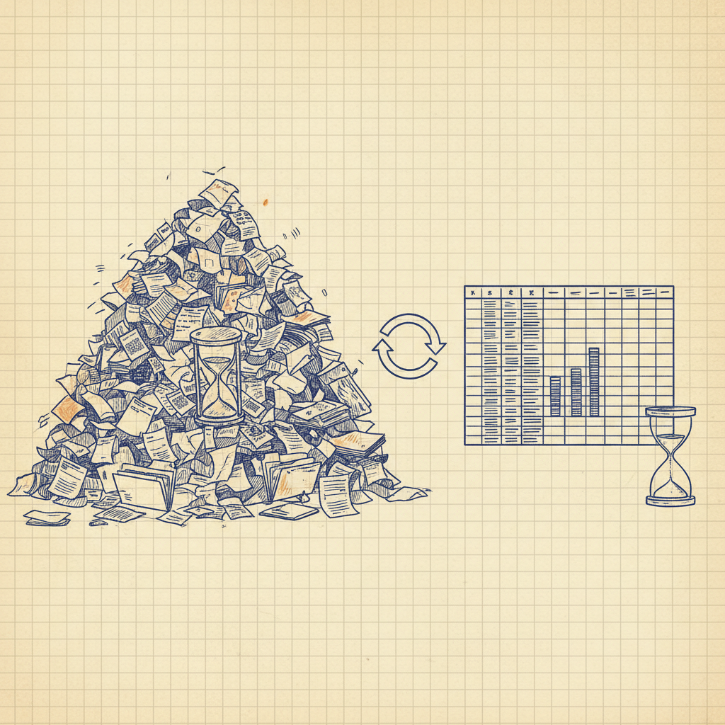 Illustration style plan d'ingénierie – pile de papiers désordonnée devenant un tableur organisé