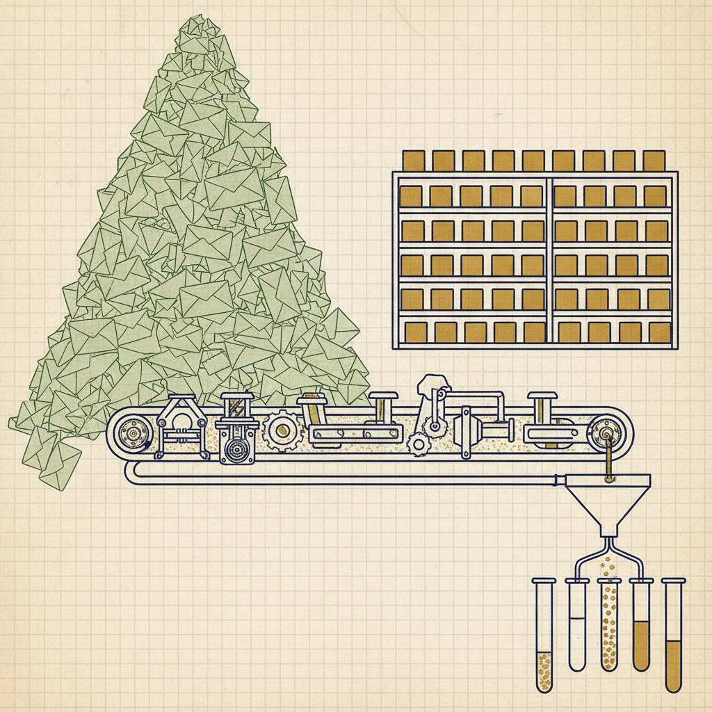 Illustration style plan d'ingénierie – montagne d'enveloppes transformée en étagère de tuiles dorées