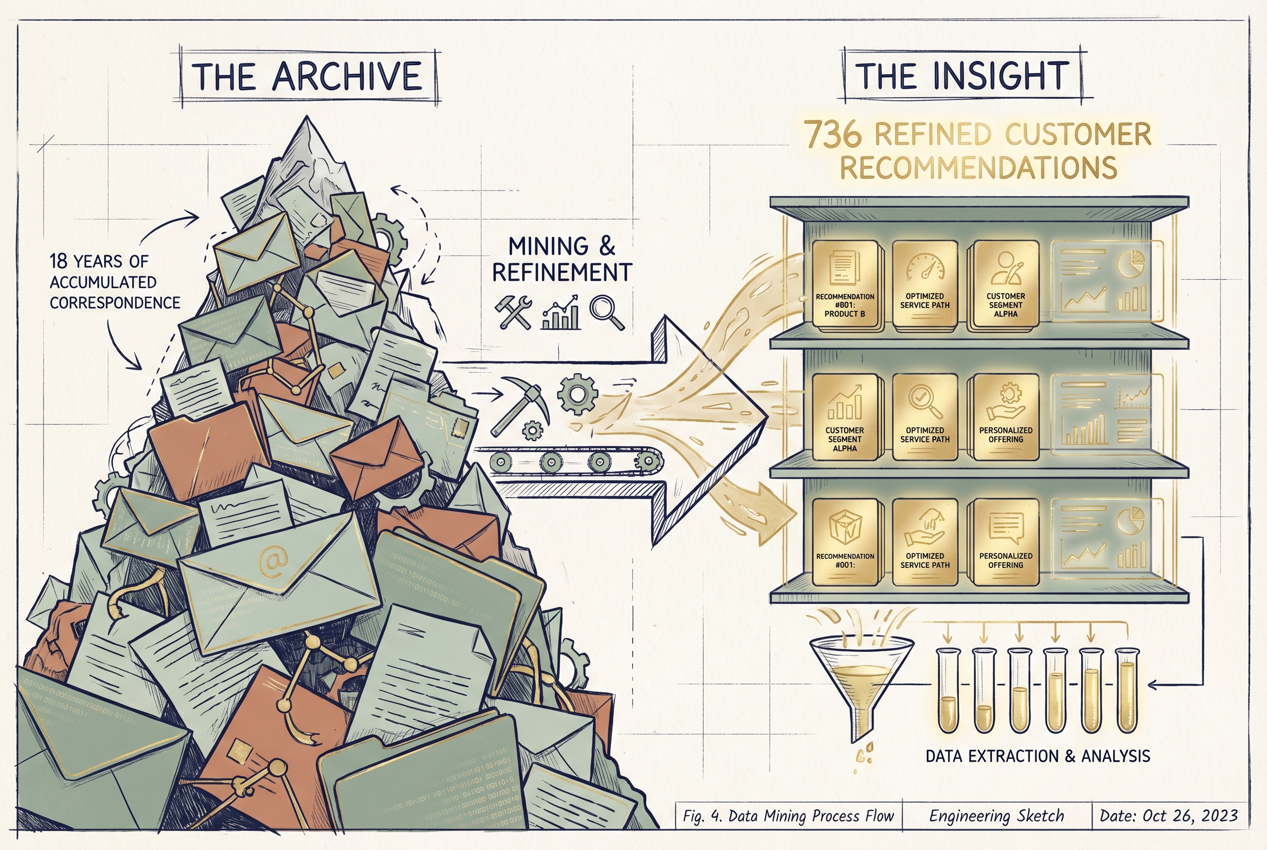 Editorial illustration of an email archive being distilled into structured patterns