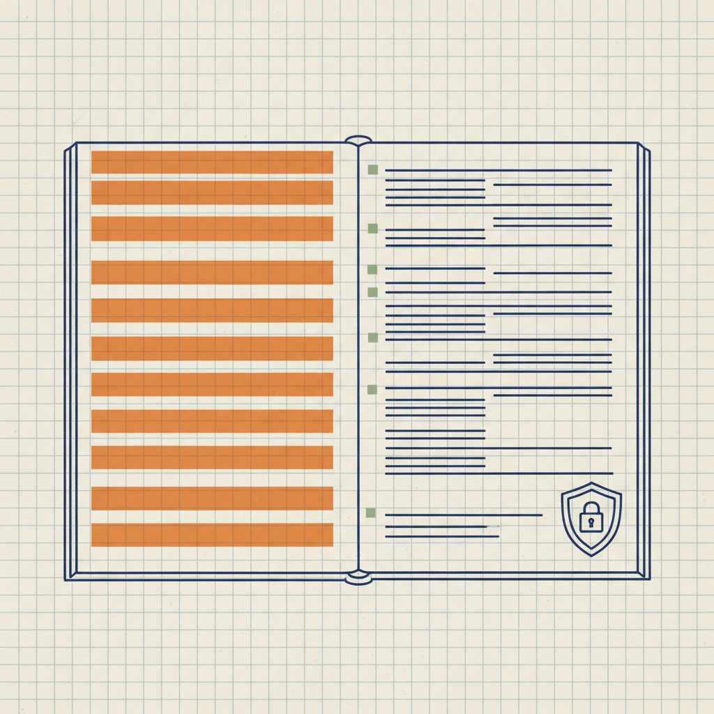 Illustration style plan d'ingénierie – cahier ouvert avec barres de caviardage orange et icône de cadenas
