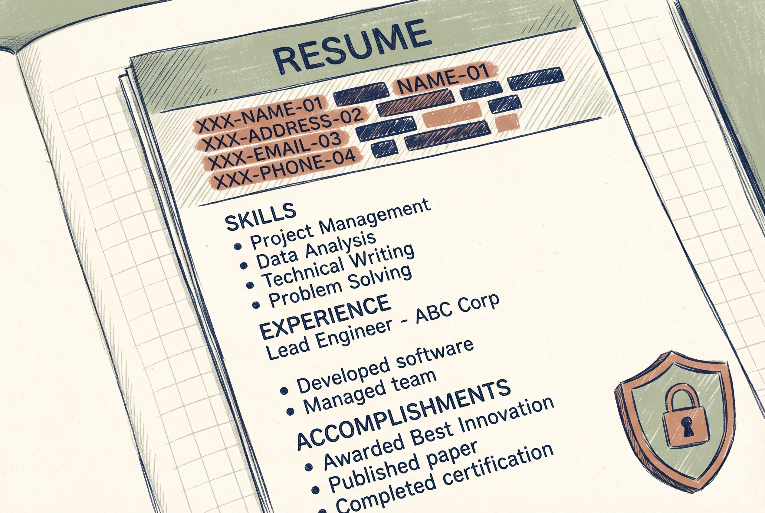 Editorial illustration of a CV being anonymized at the Quebec border before crossing to a cloud AI