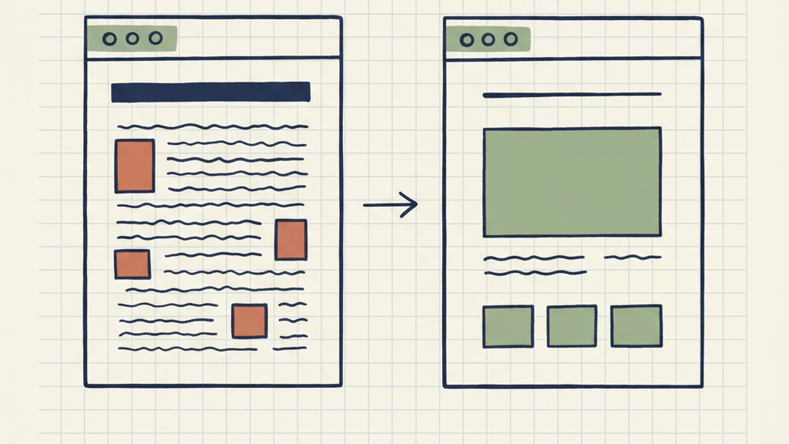 Editorial illustration of an old website being rebuilt into a clean bilingual replacement