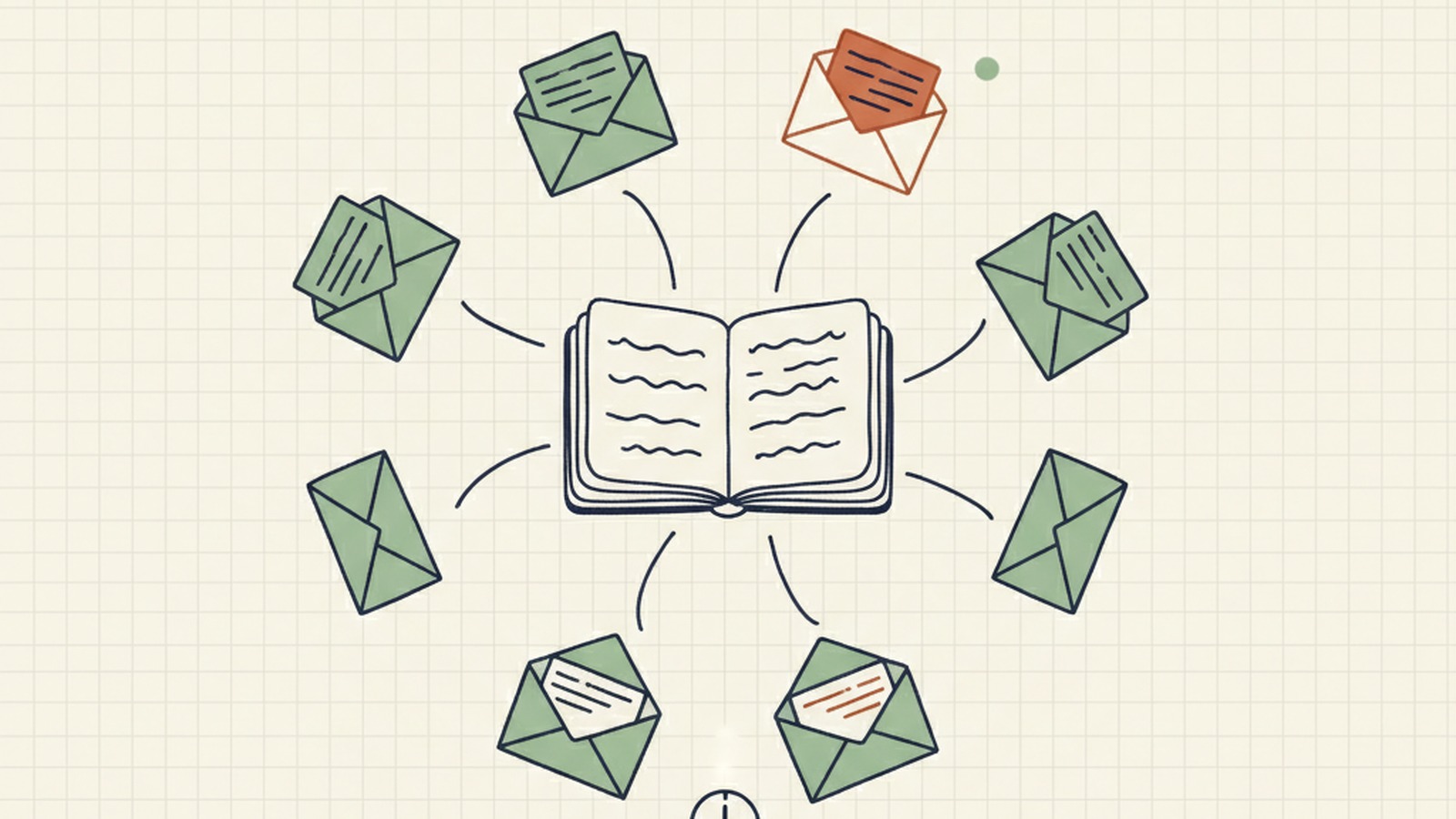 Editorial illustration of a workshop prep agent — a notebook at the center of a ring of email envelopes connected by curved lines