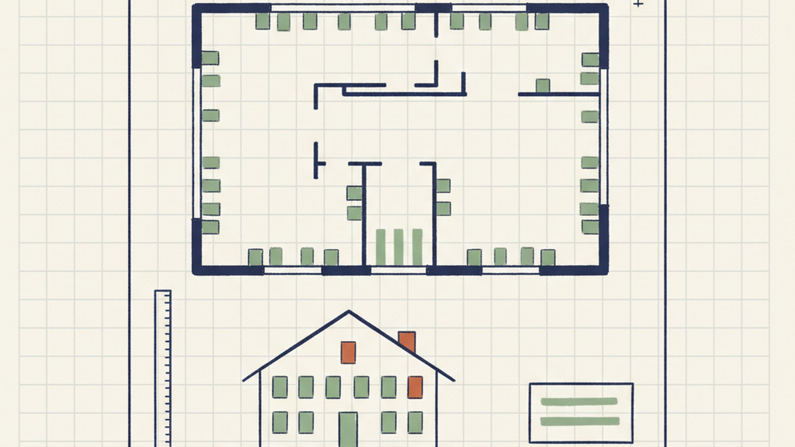 Editorial illustration of a simplified architect plan and elevation with window openings scattered across the walls, one opening tucked near the roofline marked in terracotta